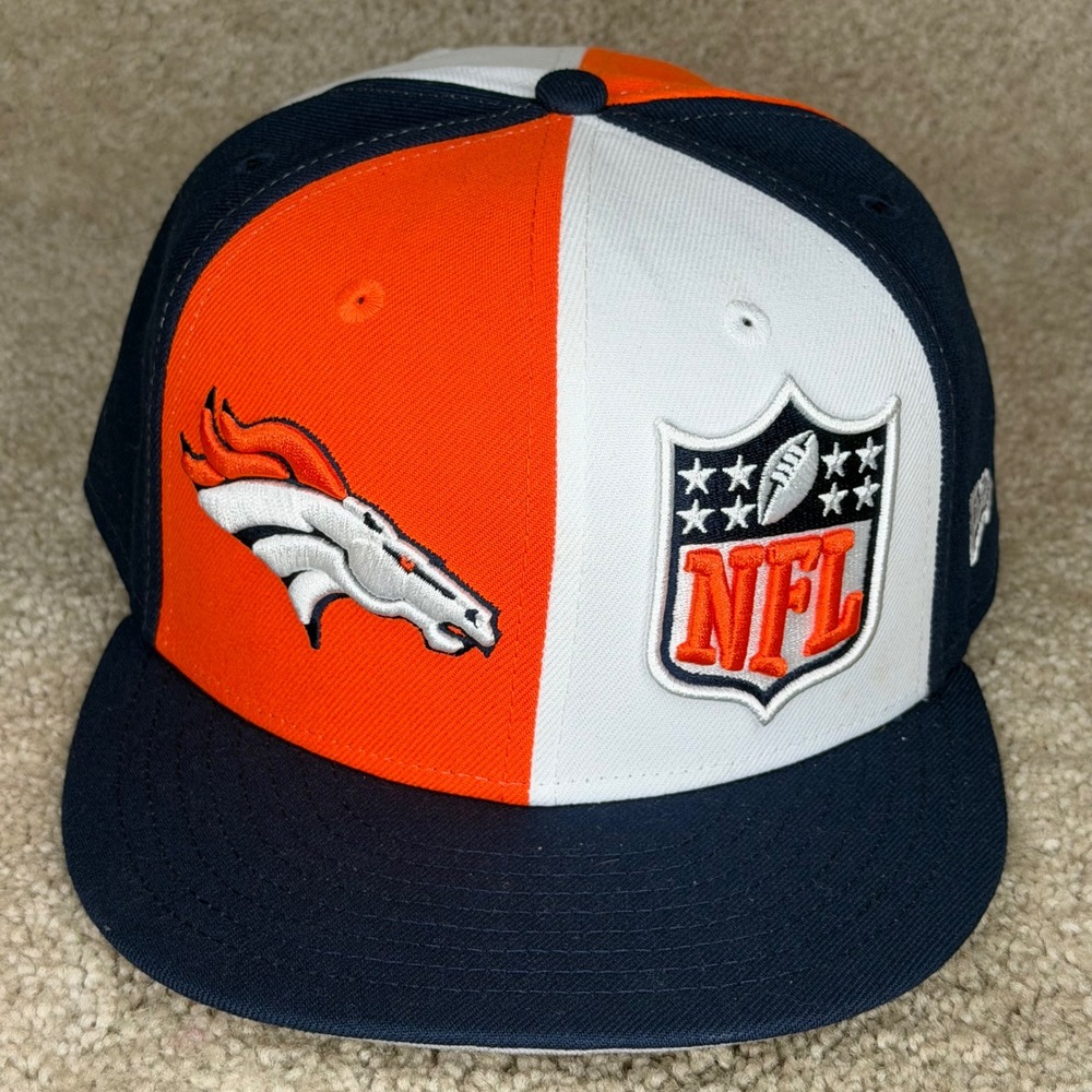 New Era 59FIFTY Fitted Hat Mens 7 7/8 Navy Orange White Excellent NFL Broncos
